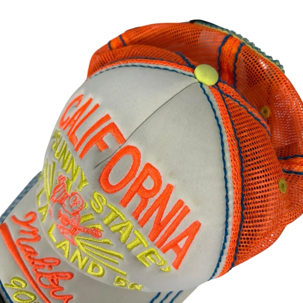 True Religion Malibu 90265 Strapback Trucker Hat Orange Neon California Vintage - Picture 9 of 13